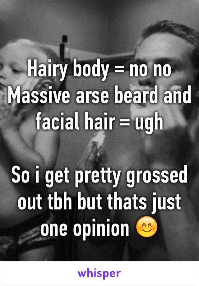 Hairy body = no no 
Massive arse beard and facial hair = ugh 

So i get pretty grossed out tbh but thats just one opinion 😊