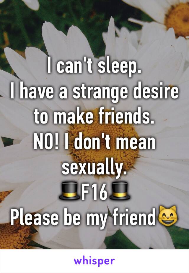 I can't sleep.
I have a strange desire to make friends.
NO! I don't mean sexually.
🎩F16🎩
Please be my friend😸