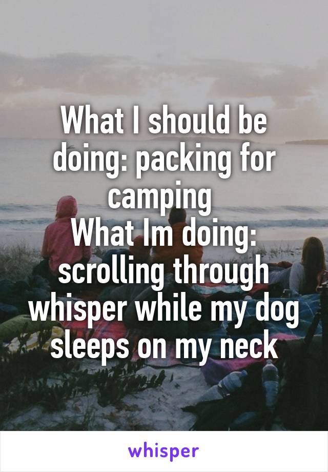 What I should be doing: packing for camping 
What Im doing: scrolling through whisper while my dog sleeps on my neck