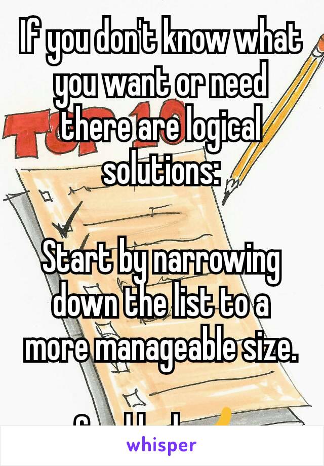 If you don't know what you want or need there are logical solutions:

Start by narrowing down the list to a more manageable size.

Good luck 👍