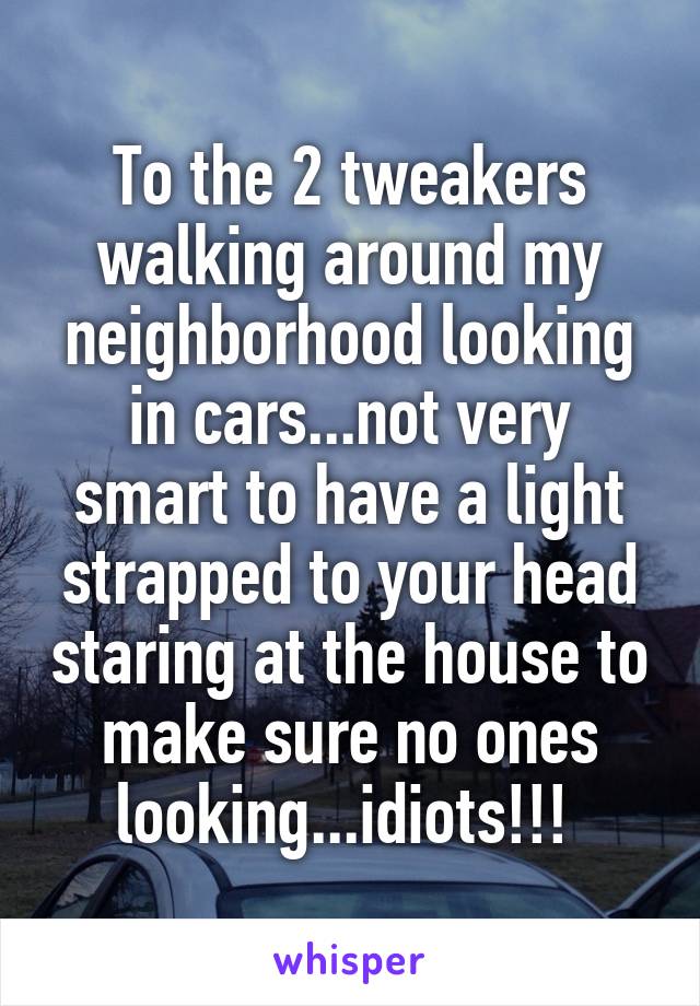 To the 2 tweakers walking around my neighborhood looking in cars...not very smart to have a light strapped to your head staring at the house to make sure no ones looking...idiots!!! 