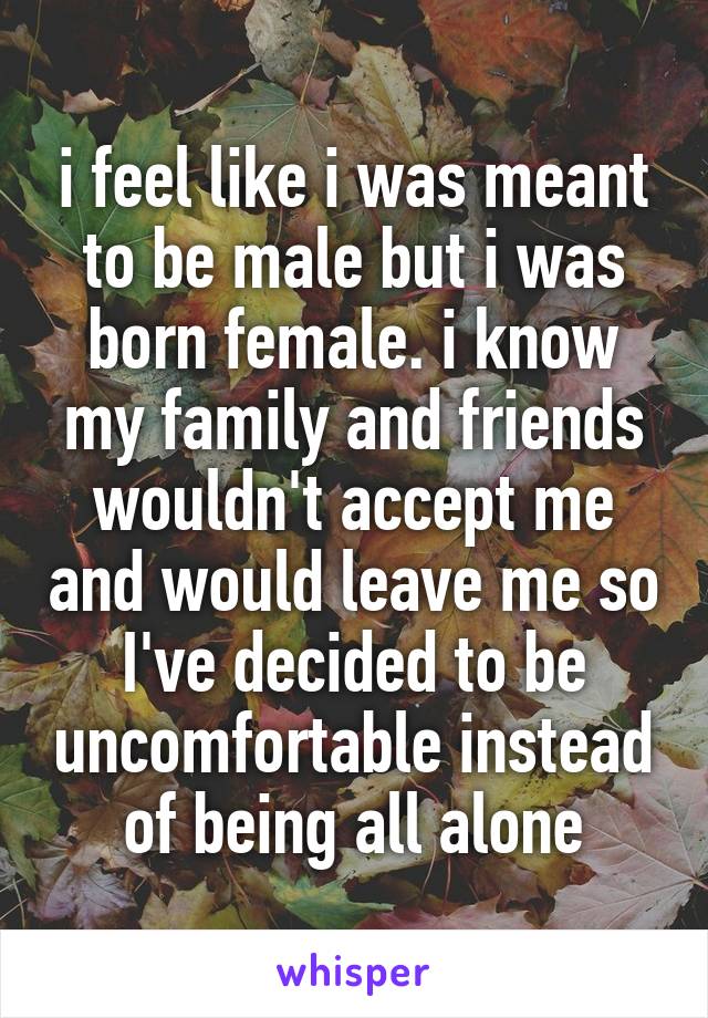 i feel like i was meant to be male but i was born female. i know my family and friends wouldn't accept me and would leave me so I've decided to be uncomfortable instead of being all alone