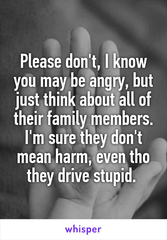 Please don't, I know you may be angry, but just think about all of their family members. I'm sure they don't mean harm, even tho they drive stupid. 