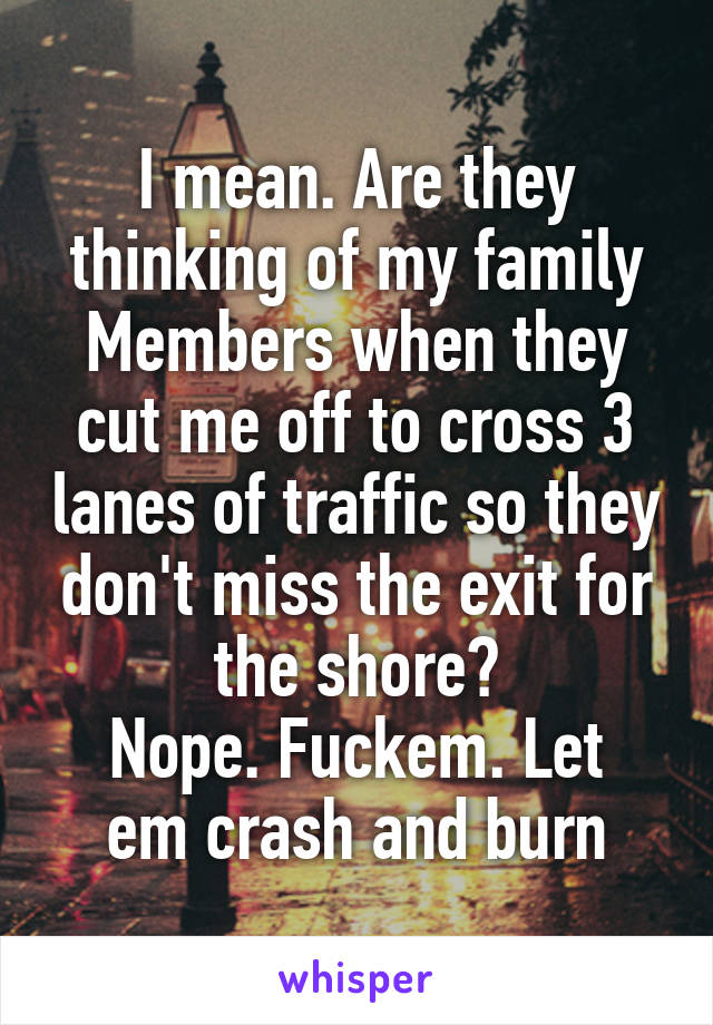 I mean. Are they thinking of my family Members when they cut me off to cross 3 lanes of traffic so they don't miss the exit for the shore?
Nope. Fuckem. Let em crash and burn