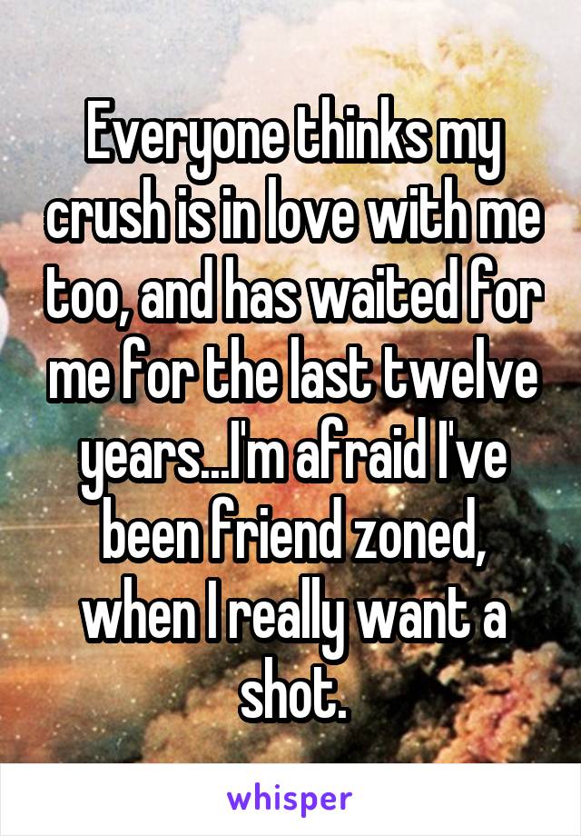 Everyone thinks my crush is in love with me too, and has waited for me for the last twelve years...I'm afraid I've been friend zoned, when I really want a shot.