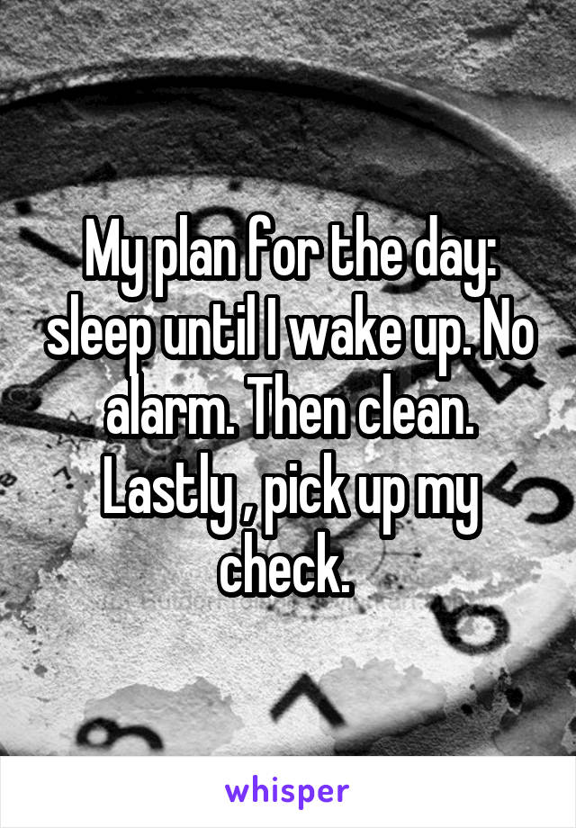 My plan for the day: sleep until I wake up. No alarm. Then clean. Lastly , pick up my check. 