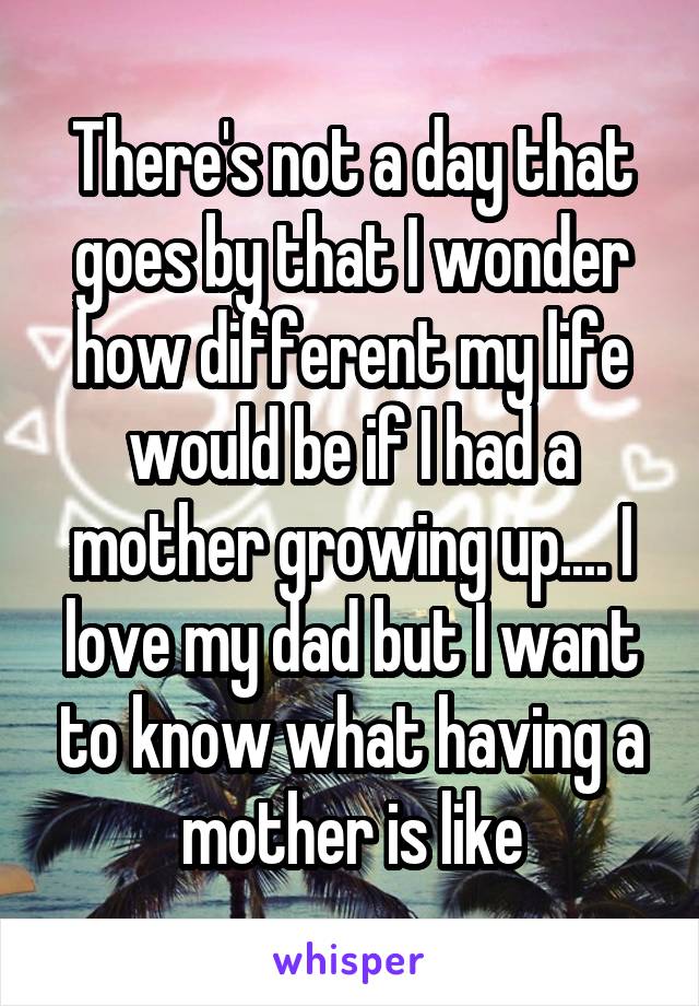 There's not a day that goes by that I wonder how different my life would be if I had a mother growing up.... I love my dad but I want to know what having a mother is like