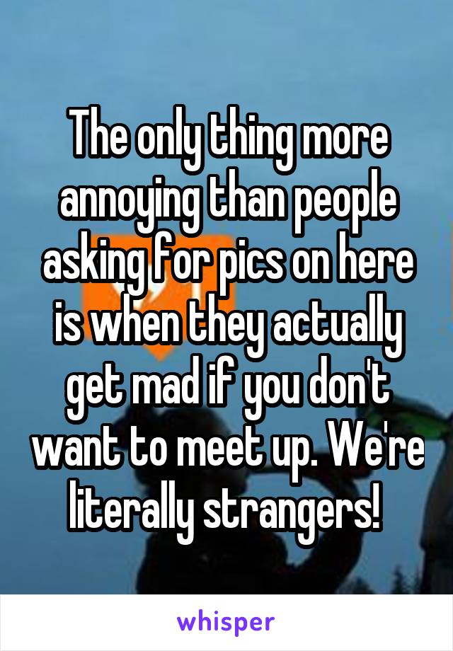 The only thing more annoying than people asking for pics on here is when they actually get mad if you don't want to meet up. We're literally strangers! 