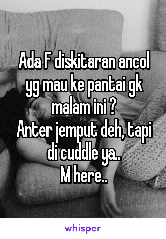 Ada F diskitaran ancol yg mau ke pantai gk malam ini ?
Anter jemput deh, tapi di cuddle ya..
M here..