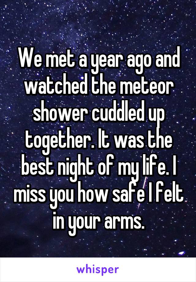 We met a year ago and watched the meteor shower cuddled up together. It was the best night of my life. I miss you how safe I felt in your arms.