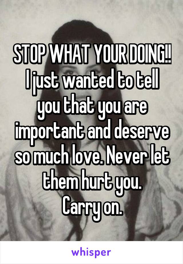 STOP WHAT YOUR DOING!!
I just wanted to tell you that you are important and deserve so much love. Never let them hurt you.
Carry on.