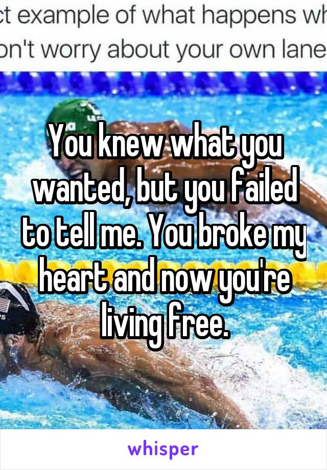 You knew what you wanted, but you failed to tell me. You broke my heart and now you're living free.