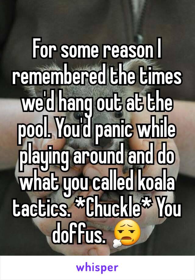 For some reason I remembered the times we'd hang out at the pool. You'd panic while playing around and do what you called koala tactics. *Chuckle* You doffus. 😧