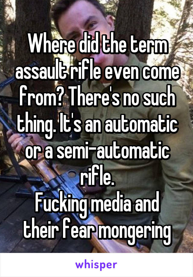 Where did the term assault rifle even come from? There's no such thing. It's an automatic or a semi-automatic rifle.
Fucking media and their fear mongering