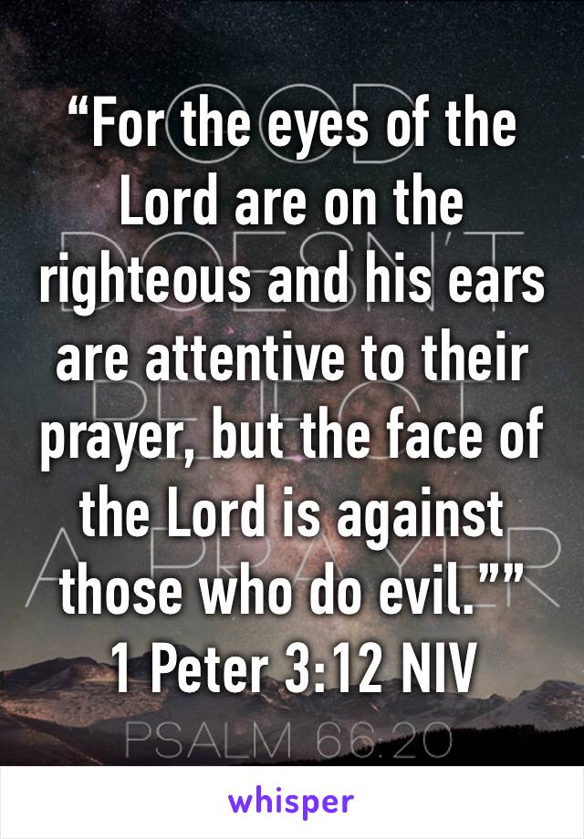 “For the eyes of the Lord are on the righteous and his ears are attentive to their prayer, but the face of the Lord is against those who do evil.””
‭‭1 Peter‬ ‭3:12‬ ‭NIV‬‬
