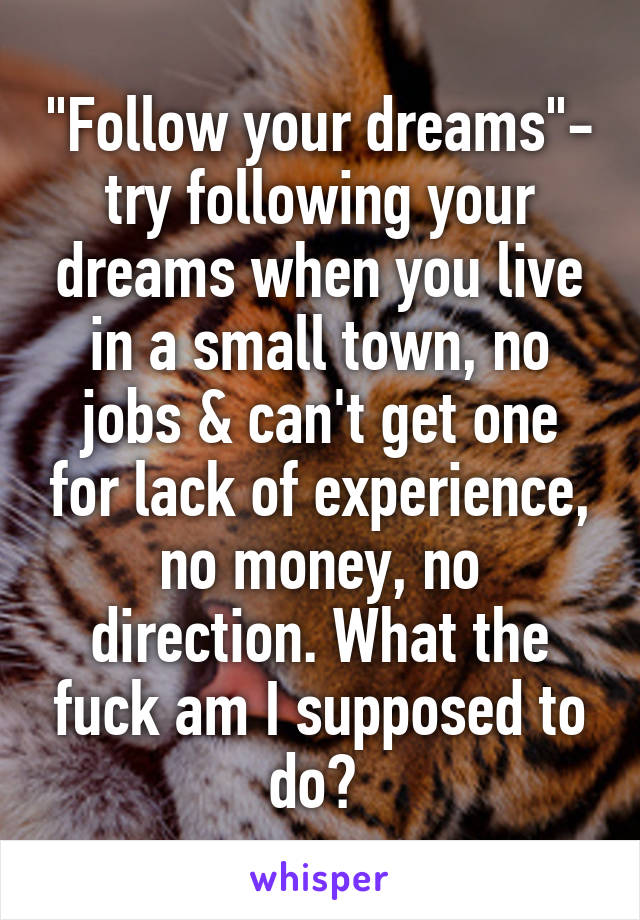 "Follow your dreams"- try following your dreams when you live in a small town, no jobs & can't get one for lack of experience, no money, no direction. What the fuck am I supposed to do? 