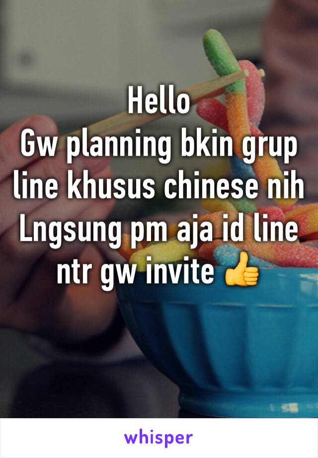 Hello
Gw planning bkin grup line khusus chinese nih
Lngsung pm aja id line ntr gw invite 👍