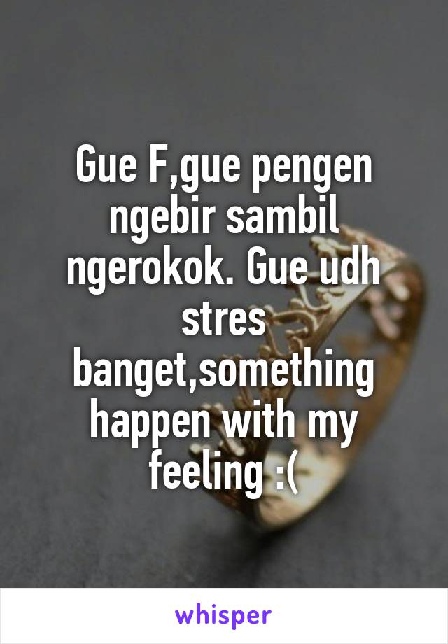 Gue F,gue pengen ngebir sambil ngerokok. Gue udh stres banget,something happen with my feeling :(