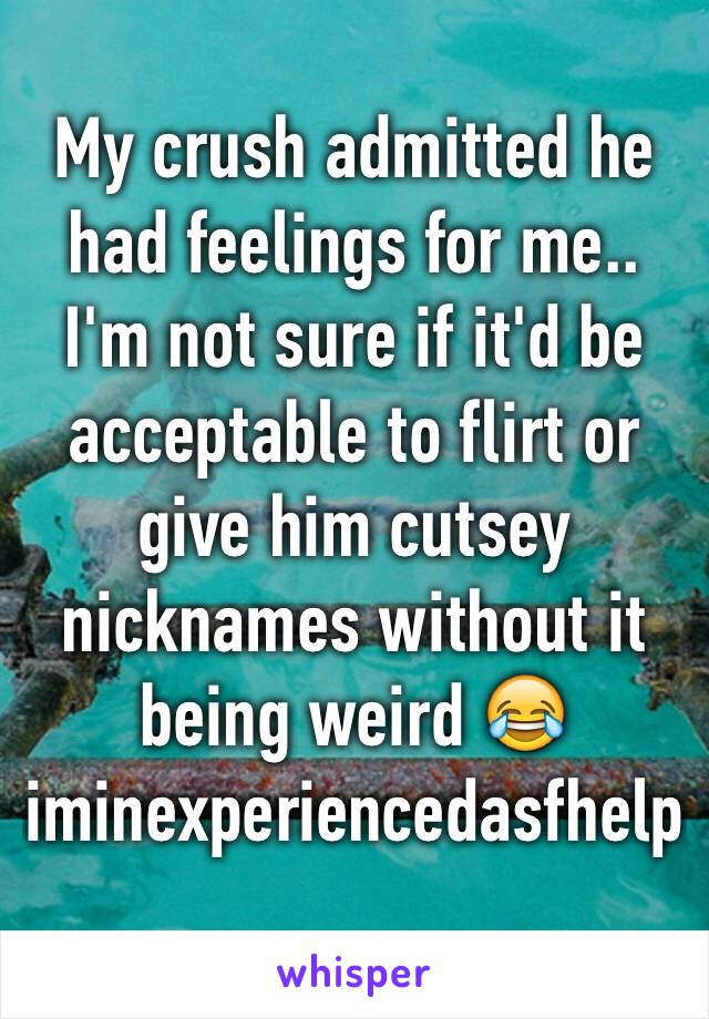 My crush admitted he had feelings for me..
I'm not sure if it'd be acceptable to flirt or give him cutsey nicknames without it being weird 😂 iminexperiencedasfhelp