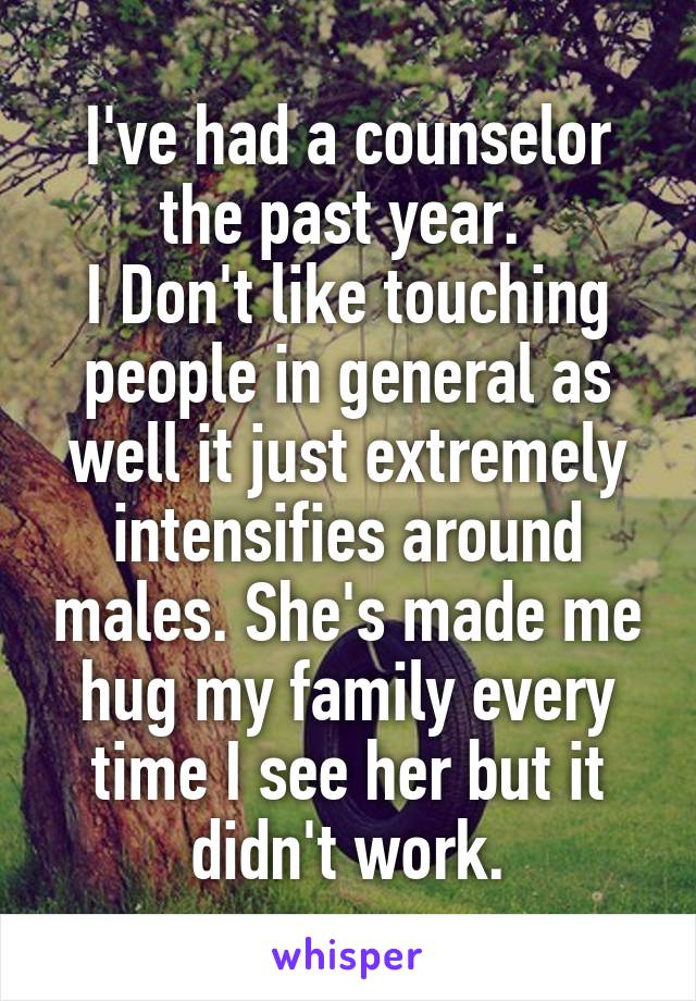 I've had a counselor the past year. 
I Don't like touching people in general as well it just extremely intensifies around males. She's made me hug my family every time I see her but it didn't work.