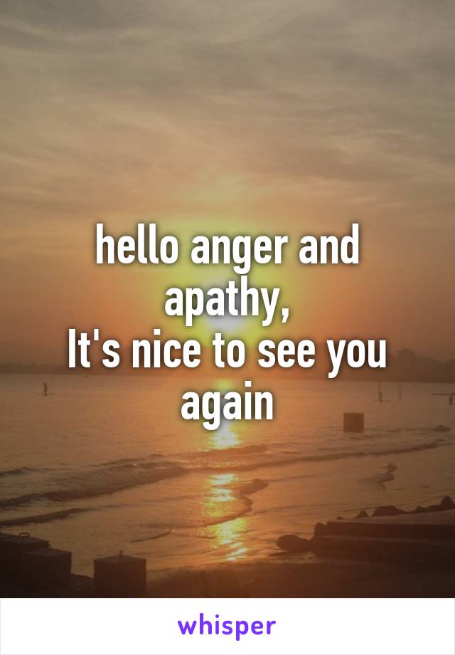 hello anger and apathy,
It's nice to see you again