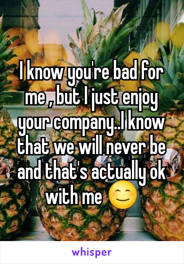 I know you're bad for me , but I just enjoy your company..I know that we will never be and that's actually ok with me 😊