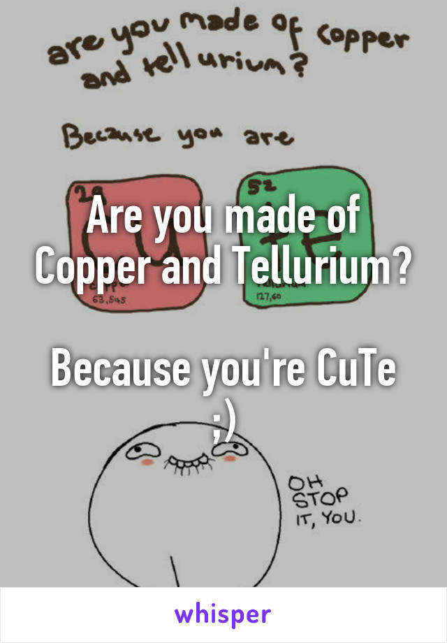 Are you made of Copper and Tellurium?

Because you're CuTe ;)