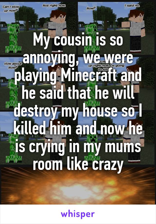 My cousin is so annoying, we were playing Minecraft and he said that he will destroy my house so I killed him and now he is crying in my mums room like crazy
