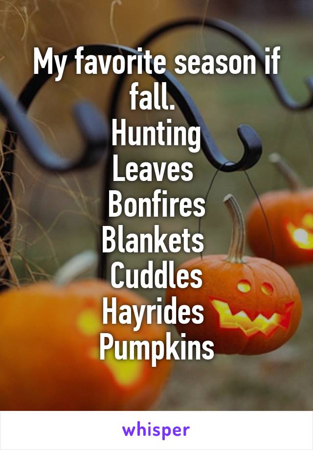 My favorite season if fall. 
Hunting
Leaves 
Bonfires
Blankets 
Cuddles
Hayrides 
Pumpkins
