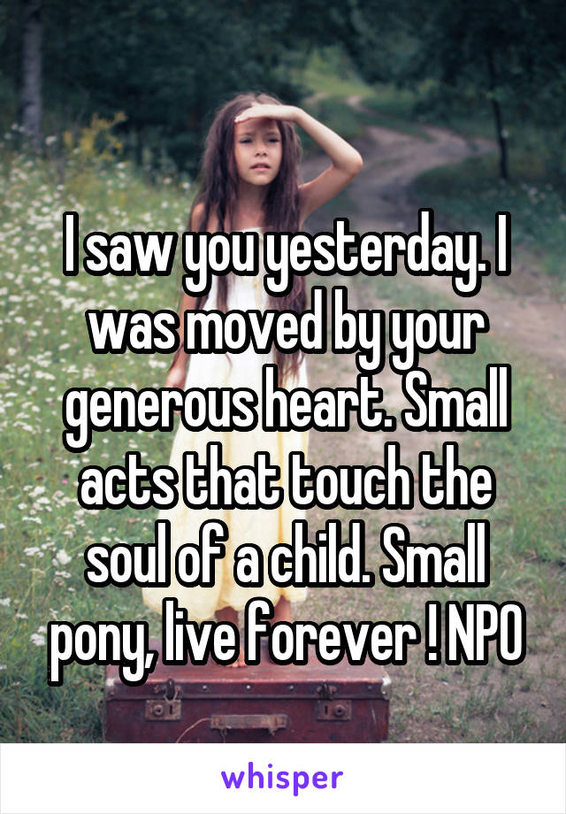 
I saw you yesterday. I was moved by your generous heart. Small acts that touch the soul of a child. Small pony, live forever ! NPO