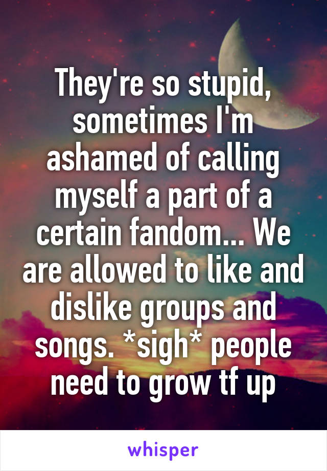 They're so stupid, sometimes I'm ashamed of calling myself a part of a certain fandom... We are allowed to like and dislike groups and songs. *sigh* people need to grow tf up