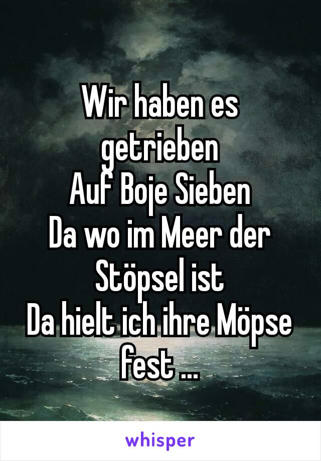 Wir haben es getrieben
Auf Boje Sieben
Da wo im Meer der Stöpsel ist
Da hielt ich ihre Möpse fest ...