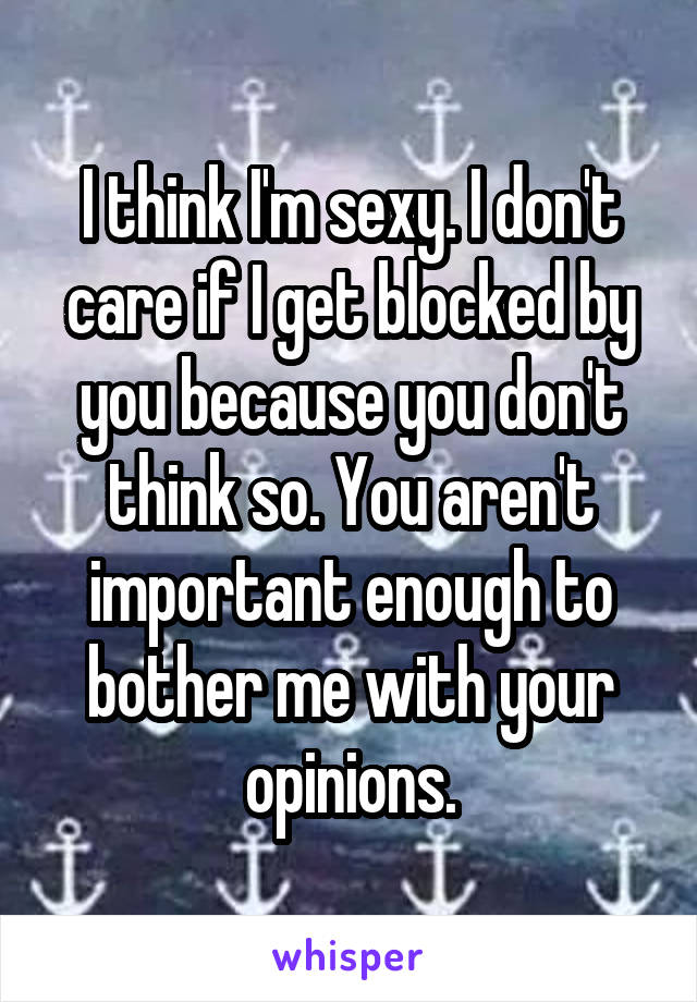 I think I'm sexy. I don't care if I get blocked by you because you don't think so. You aren't important enough to bother me with your opinions.