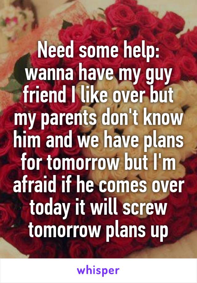 Need some help: wanna have my guy friend I like over but my parents don't know him and we have plans for tomorrow but I'm afraid if he comes over today it will screw tomorrow plans up