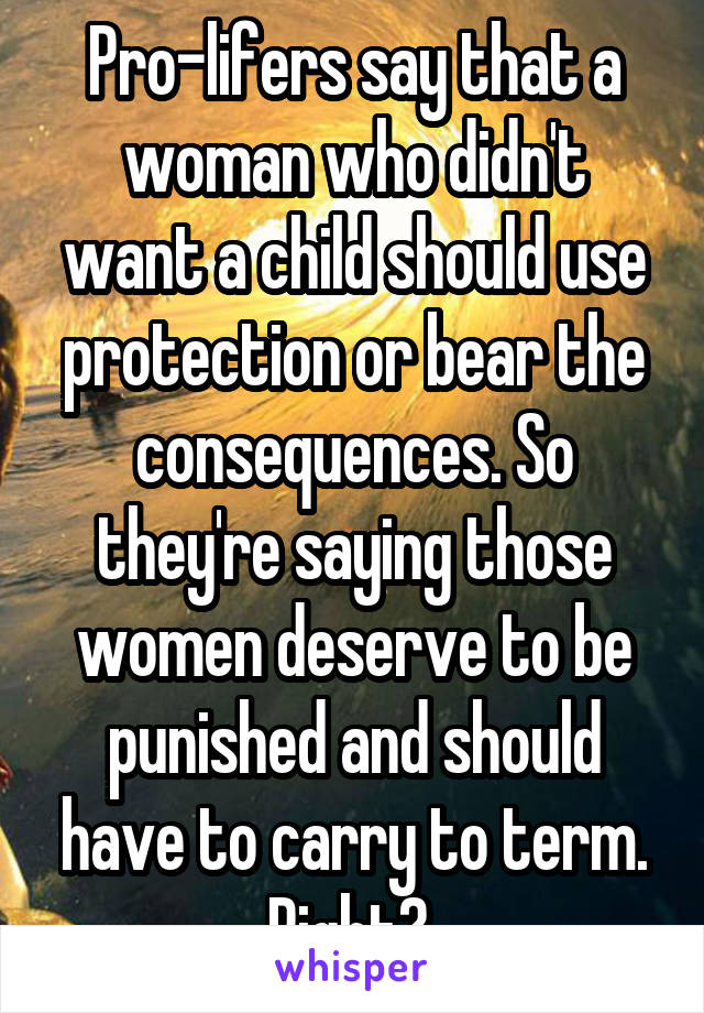 Pro-lifers say that a woman who didn't want a child should use protection or bear the consequences. So they're saying those women deserve to be punished and should have to carry to term. Right? 