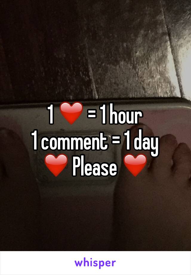 1 ❤️ = 1 hour
1 comment = 1 day
❤️ Please ❤️