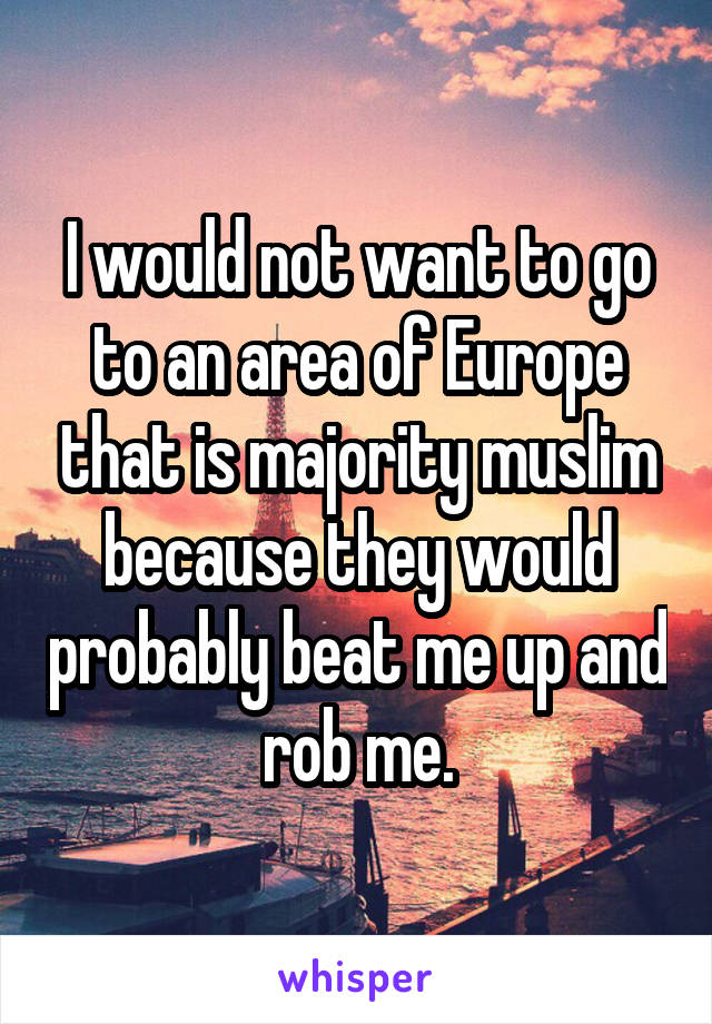 I would not want to go to an area of Europe that is majority muslim because they would probably beat me up and rob me.