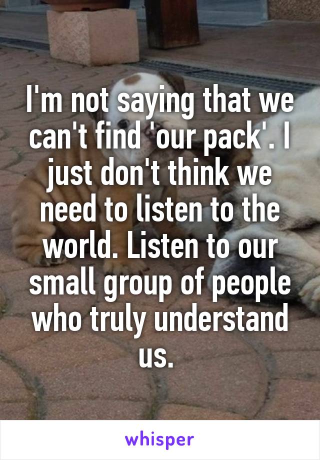 I'm not saying that we can't find 'our pack'. I just don't think we need to listen to the world. Listen to our small group of people who truly understand us. 