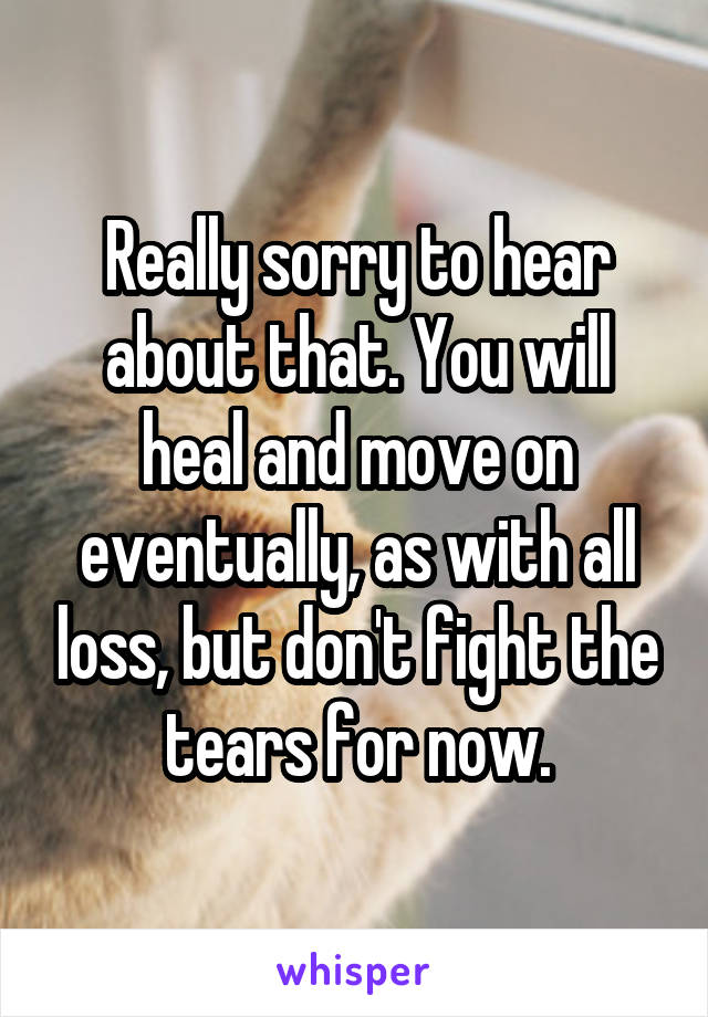 Really sorry to hear about that. You will heal and move on eventually, as with all loss, but don't fight the tears for now.