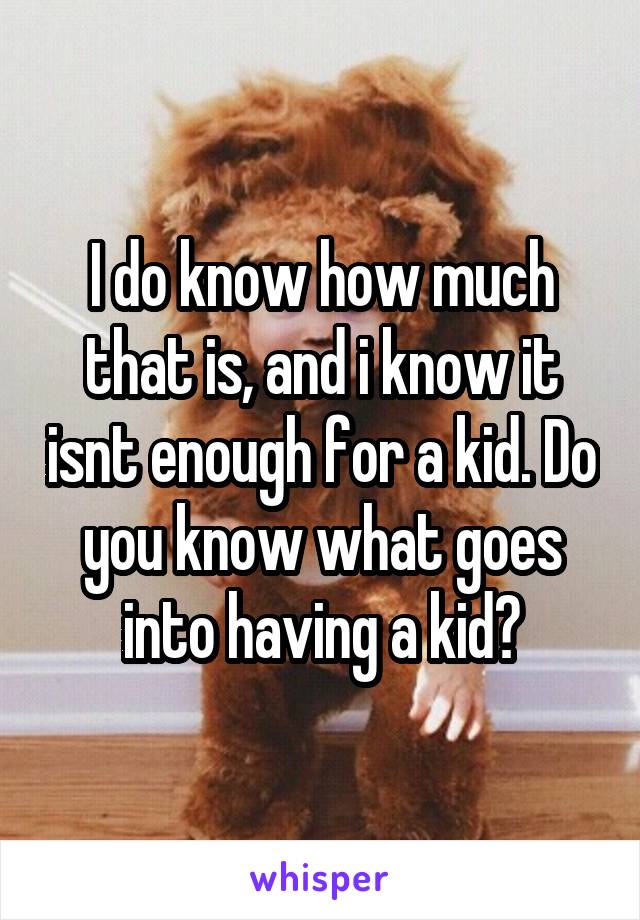 I do know how much that is, and i know it isnt enough for a kid. Do you know what goes into having a kid?