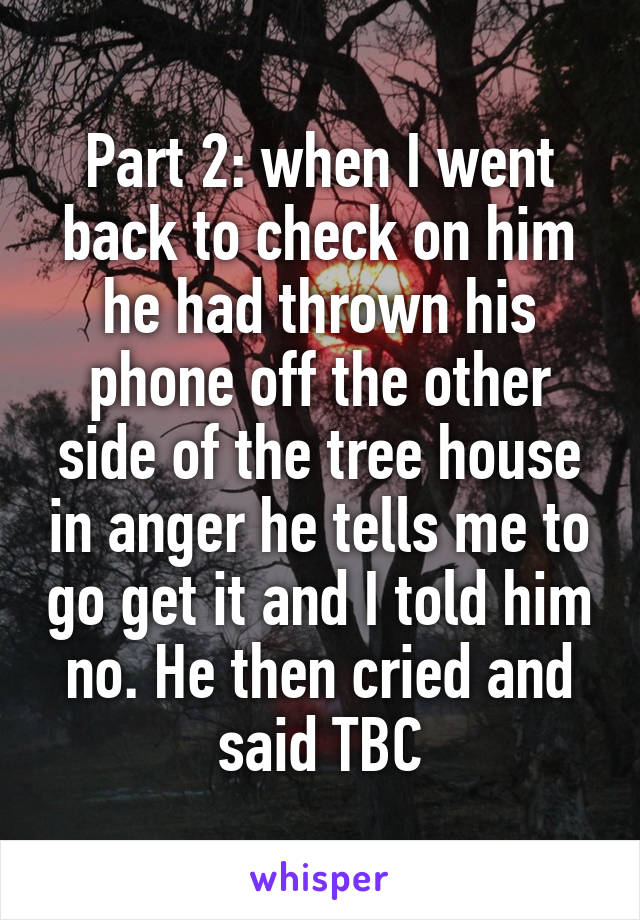 Part 2: when I went back to check on him he had thrown his phone off the other side of the tree house in anger he tells me to go get it and I told him no. He then cried and said TBC
