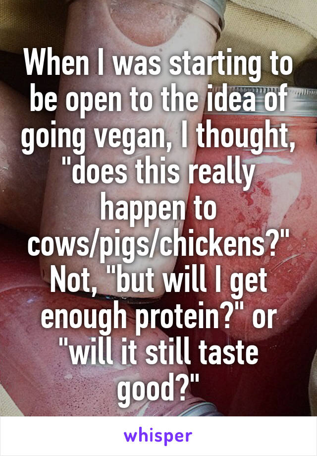When I was starting to be open to the idea of going vegan, I thought, "does this really happen to cows/pigs/chickens?" Not, "but will I get enough protein?" or "will it still taste good?"