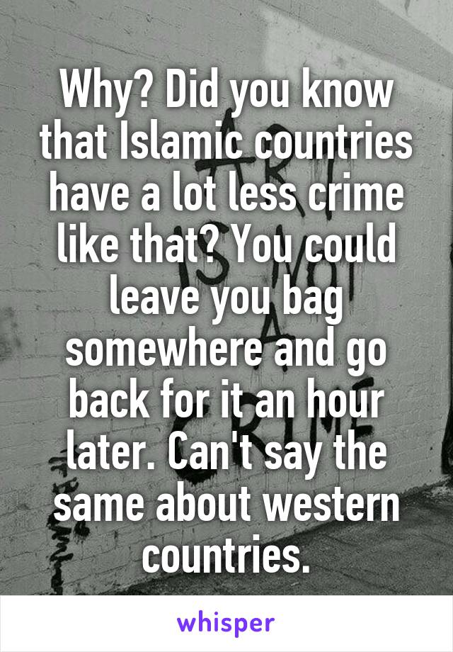 Why? Did you know that Islamic countries have a lot less crime like that? You could leave you bag somewhere and go back for it an hour later. Can't say the same about western countries.