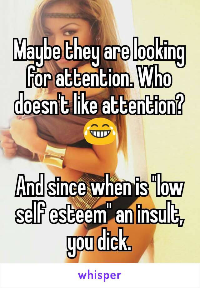 Maybe they are looking for attention. Who doesn't like attention? 😂

And since when is "low self esteem" an insult, you dick.