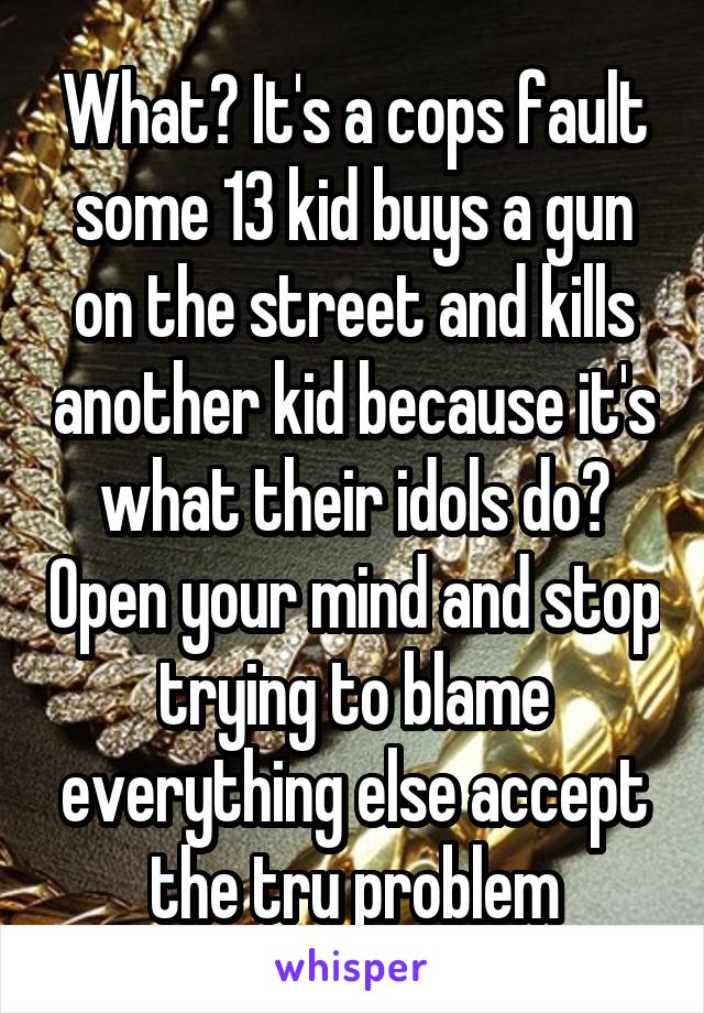 What? It's a cops fault some 13 kid buys a gun on the street and kills another kid because it's what their idols do? Open your mind and stop trying to blame everything else accept the tru problem