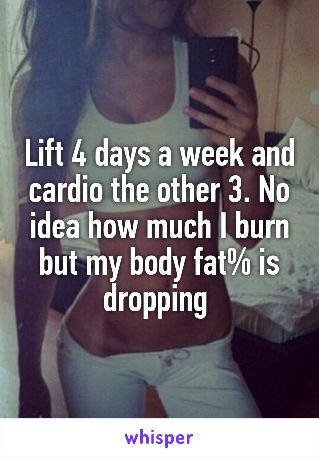 Lift 4 days a week and cardio the other 3. No idea how much I burn but my body fat% is dropping 