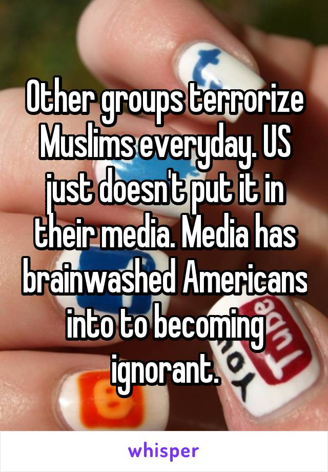 Other groups terrorize Muslims everyday. US just doesn't put it in their media. Media has brainwashed Americans into to becoming ignorant.