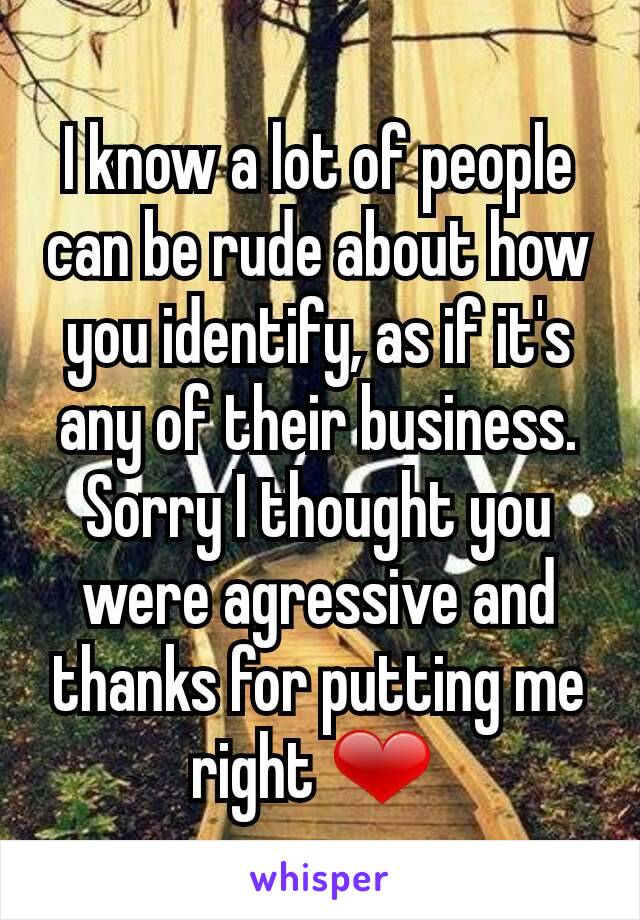 I know a lot of people can be rude about how you identify, as if it's any of their business. Sorry I thought you were agressive and thanks for putting me right ❤ 