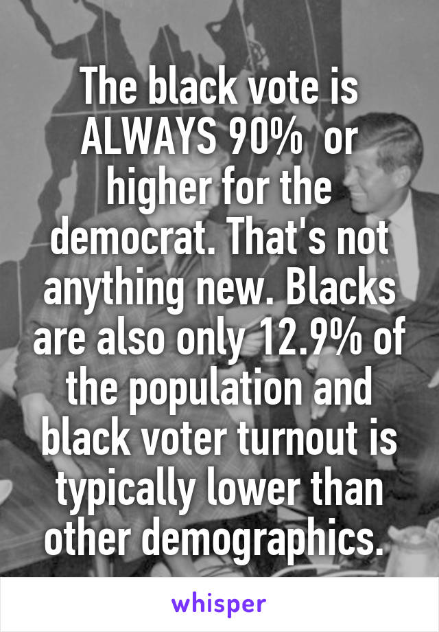 The black vote is ALWAYS 90%  or higher for the democrat. That's not anything new. Blacks are also only 12.9% of the population and black voter turnout is typically lower than other demographics. 