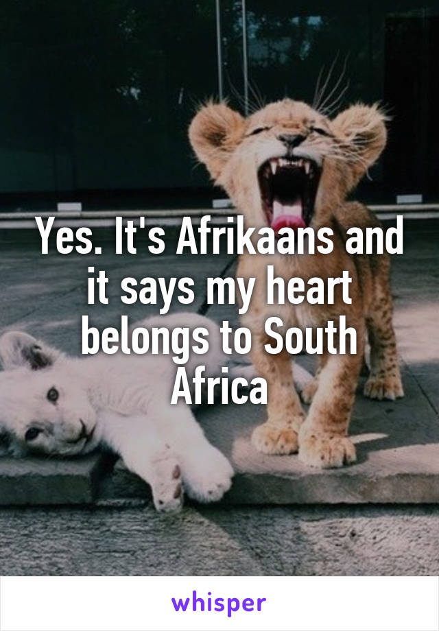 Yes. It's Afrikaans and it says my heart belongs to South Africa